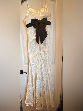 Ivory Brocade Formal Dress with Black Bow Accent